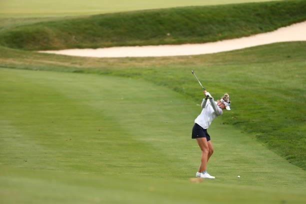 Nelly Korda hits her second shot on the 17th hole during round three of the Meijer LPGA Classic for Simply Give at Blythefield Country Club on June...