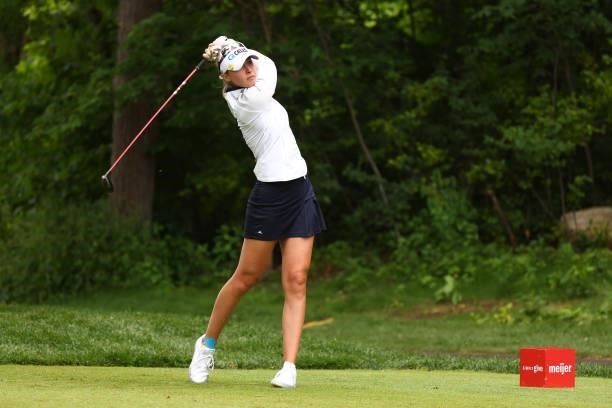Nelly Korda hits her drive on the 16th hole during round three of the Meijer LPGA Classic for Simply Give at Blythefield Country Club on June 19,...