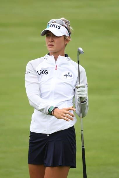 Nelly Korda watches her second shot on the 16th hole during round three of the Meijer LPGA Classic for Simply Give at Blythefield Country Club on...