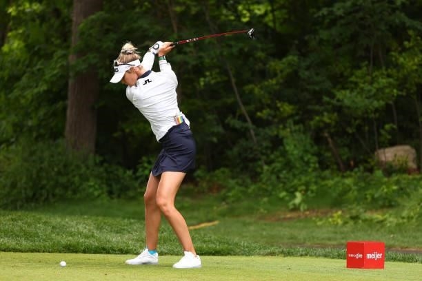 Nelly Korda hits her drive on the 16th hole during round three of the Meijer LPGA Classic for Simply Give at Blythefield Country Club on June 19,...
