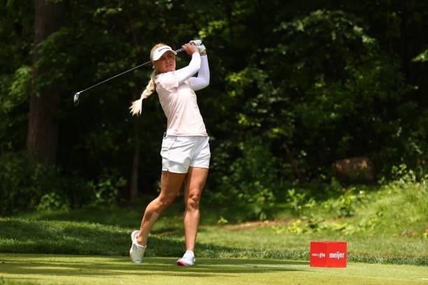 Charley Hull of England watches her tee shot on the 16th hole during round three of the Meijer LPGA Classic for Simply Give at Blythefield Country...