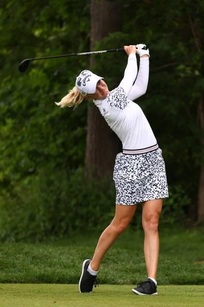 Madelene Sagstrom of Sweden hits her tee shot on the 16th hole during round three of the Meijer LPGA Classic for Simply Give at Blythefield Country...