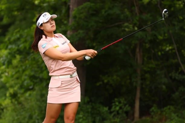 In Gee Chun of Korea hits her tee shot on the 16th hole during round three of the Meijer LPGA Classic for Simply Give at Blythefield Country Club on...
