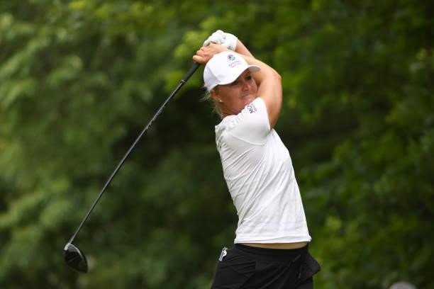 Anna Nordqvist of Sweden watches her drive on the 16th hole during round three of the Meijer LPGA Classic for Simply Give at Blythefield Country Club...
