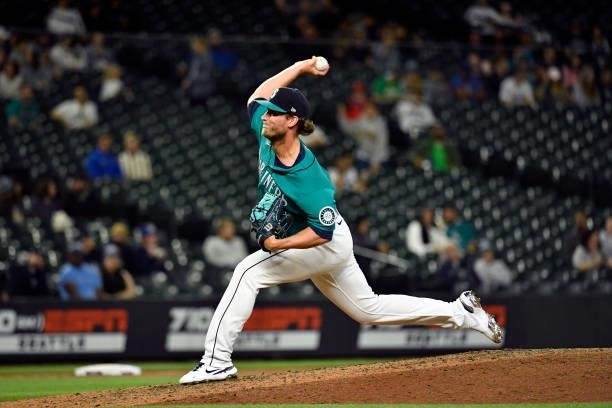 Drew Steckenrider of the Seattle Mariners pitches during the game against the Tampa Bay Rays at T-Mobile Park on June 18, 2021 in Seattle,...