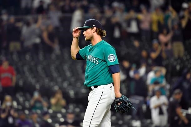 Drew Steckenrider of the Seattle Mariners stands on the field during the game against the Tampa Bay Rays at T-Mobile Park on June 18, 2021 in...