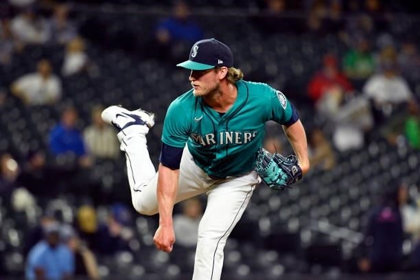 Drew Steckenrider of the Seattle Mariners pitches during the game against the Tampa Bay Rays at T-Mobile Park on June 18, 2021 in Seattle,...