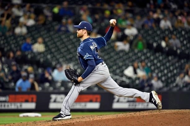 Collin McHugh of the Tampa Bay Rays pitches the ball during the game against the Seattle Mariners at T-Mobile Park on June 18, 2021 in Seattle,...