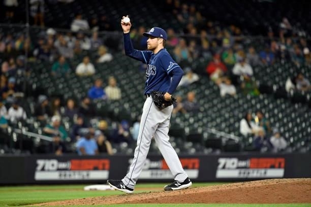 Collin McHugh of the Tampa Bay Rays shows the ball during the game against the Seattle Mariners at T-Mobile Park on June 18, 2021 in Seattle,...