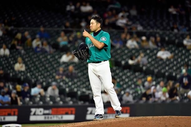 Yusei Kikuchi of the Seattle Mariners gives a thumbs up during the game against the Tampa Bay Rays at T-Mobile Park on June 18, 2021 in Seattle,...