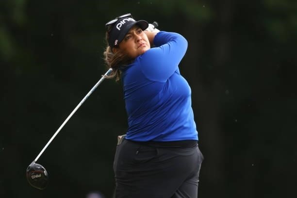 Lizette Salas watches her drive on the 17th hole during round three of the Meijer LPGA Classic for Simply Give at Blythefield Country Club on June...
