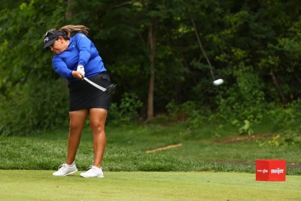 Lizette Salas hits her drive on the 16th hole during round three of the Meijer LPGA Classic for Simply Give at Blythefield Country Club on June 19,...