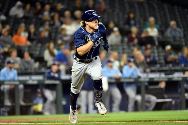Taylor Walls of the Tampa Bay Rays runs to first base during the game against the Seattle Mariners at T-Mobile Park on June 18, 2021 in Seattle,...
