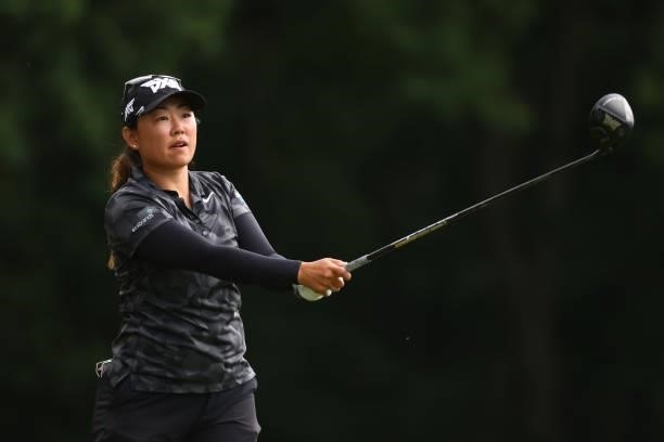 Mina Harigae watches her drive on the 17th hole during round three of the Meijer LPGA Classic for Simply Give at Blythefield Country Club on June 19,...