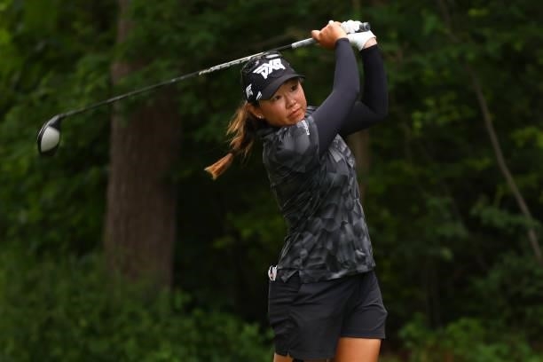 Mina Harigae hits her drive on the 16th hole during round three of the Meijer LPGA Classic for Simply Give at Blythefield Country Club on June 19,...