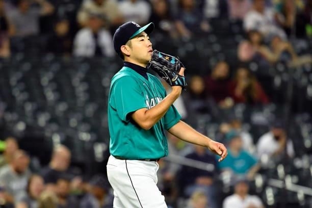 Yusei Kikuchi of the Seattle Mariners walks on the field during the game against the Tampa Bay Rays at T-Mobile Park on June 18, 2021 in Seattle,...