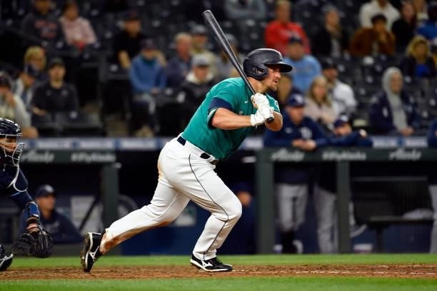 Kyle Seager of the Seattle Mariners bats during the game against the Tampa Bay Rays at T-Mobile Park on June 18, 2021 in Seattle, Washington. The...