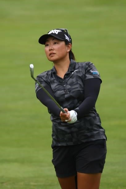 Mina Harigae watches her second shot on the 16th hole during round three of the Meijer LPGA Classic for Simply Give at Blythefield Country Club on...