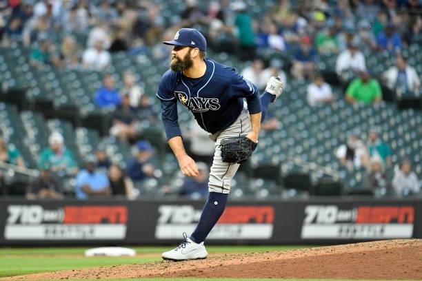 Andrew Kittredge of the Tampa Bay Rays pitches the ball during the game against the Seattle Mariners at T-Mobile Park on June 18, 2021 in Seattle,...