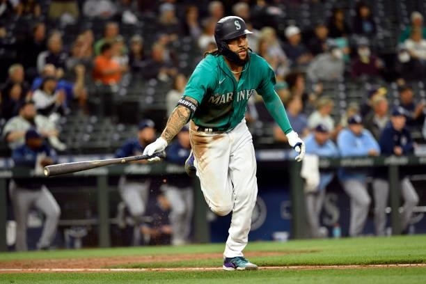 Crawford of the Seattle Mariners runs to first base during the game against the Tampa Bay Rays at T-Mobile Park on June 18, 2021 in Seattle,...