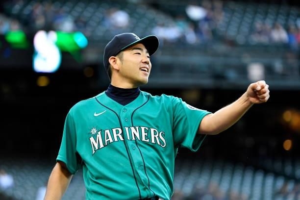 Yusei Kikuchi of the Seattle Mariners smiles during the game against the Tampa Bay Rays at T-Mobile Park on June 18, 2021 in Seattle, Washington. The...