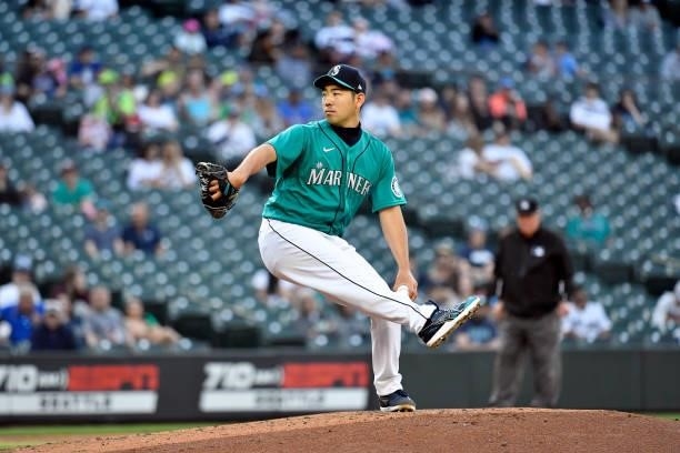 Yusei Kikuchi of the Seattle Mariners pitches during the game against the Tampa Bay Rays at T-Mobile Park on June 18, 2021 in Seattle, Washington....