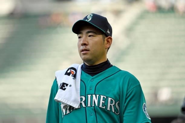 Yusei Kikuchi of the Seattle Mariners looks on before the game against the Tampa Bay Rays at T-Mobile Park on June 18, 2021 in Seattle, Washington....