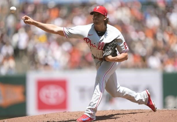Aaron Nola of the Philadelphia Phillies pitches against the San Francisco Giants in the bottom of the first inning at Oracle Park on June 19, 2021 in...