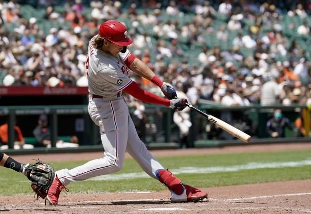 Alec Bohm of the Philadelphia Phillies hits an RBI single scoring Bryce Harper against the San Francisco Giants in the top of the third inning at...