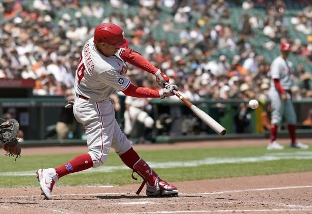 Ronald Torreyes of the Philadelphia Phillies hits a two-run RBI double against the San Francisco Giants in the top of the third inning at Oracle Park...