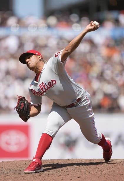 Ranger Suarez of the Philadelphia Phillies pitches in the bottom of the fifth inning of the game against the San Francisco Giants at Oracle Park on...