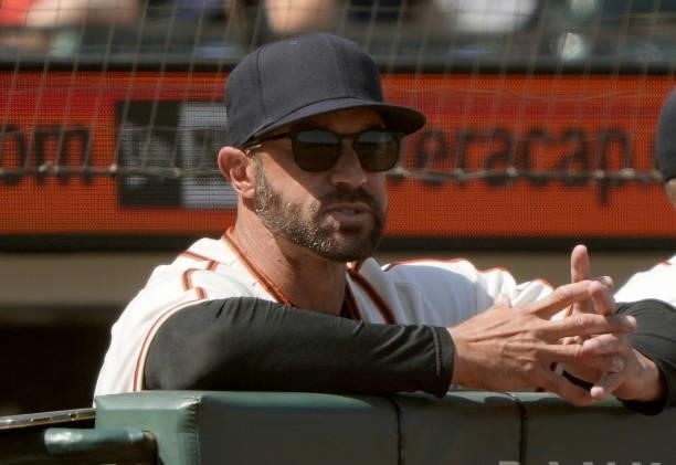 Manager Gabe Kapler of the San Francisco Giants looks on from the dugout in the top of the six inning of the game against the Philadelphia Phillies...