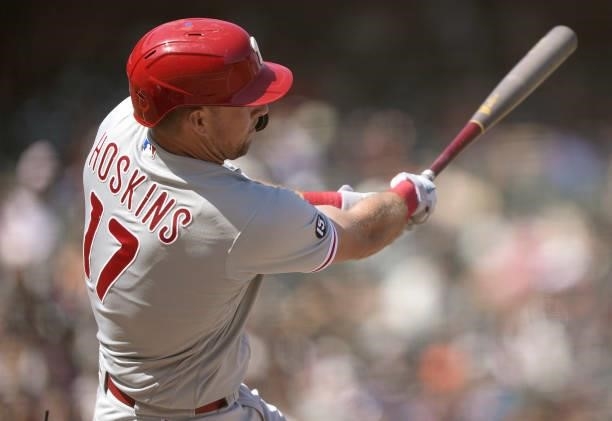 Rhys Hoskins of the Philadelphia Phillies hits an RBI double scoring Matt Vierling in the top of the six inning of the game against the San Francisco...