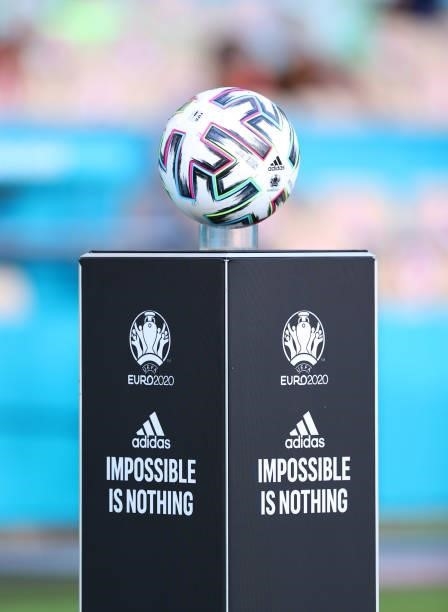 Adidas oficial match ball is seen during the UEFA Euro 2020 Championship Group E match between Spain and Poland at Estadio La Cartuja on June 19,...