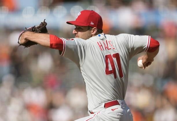 David Hale of the Philadelphia Phillies pitches against the San Francisco Giants in the bottom of the ninth inning at Oracle Park on June 19, 2021 in...