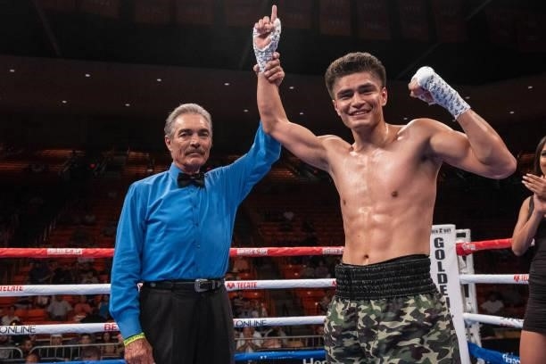 Jousce Gonzalez is announced as the winner after defeating Gabriel Gutierrez at Don Haskins Center on June 19, 2021 in El Paso, Texas.