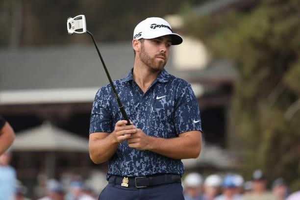 Matthew Wolff of the United States reacts to his putt on the 18th hole during the third round of the 2021 U.S. Open at Torrey Pines Golf Course on...