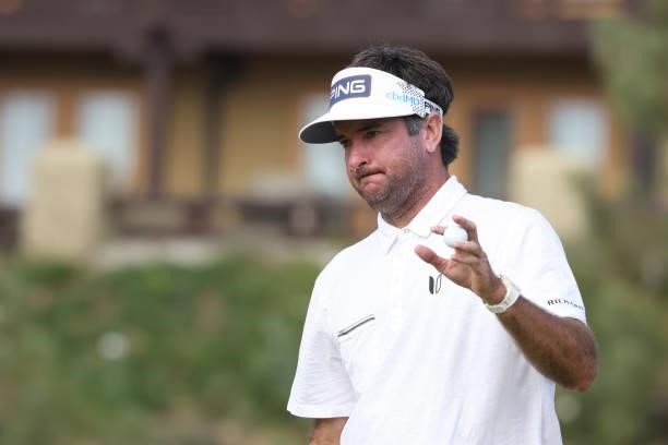 Bubba Watson of the United States waves after putting on the 18th green during the third round of the 2021 U.S. Open at Torrey Pines Golf Course on...