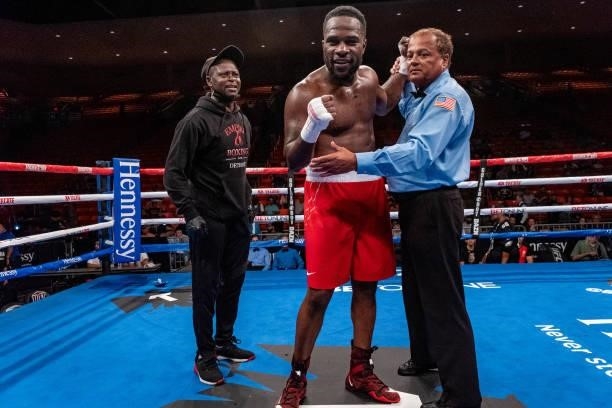 Demetrius Banks is announced as the winner after his fight with Tristan Kalkreuth at Don Haskins Center on June 19, 2021 in El Paso, Texas.