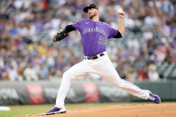 Starting pitcher Austin Gomber of the Colorado Rockies throws against the Milwaukee Brewers in the first inning at Coors Field on June 19, 2021 in...