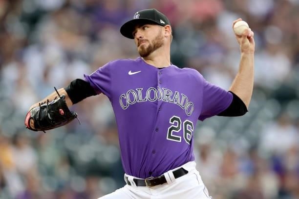 Starting pitcher Austin Gomber of the Colorado Rockies throws against the Milwaukee Brewers in the first inning at Coors Field on June 19, 2021 in...