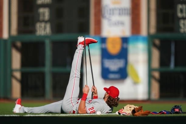 Alec Bohm of the Philadelphia Phillies warms up prior to the first inning against the San Francisco Giants at Oracle Park on June 18, 2021 in San...