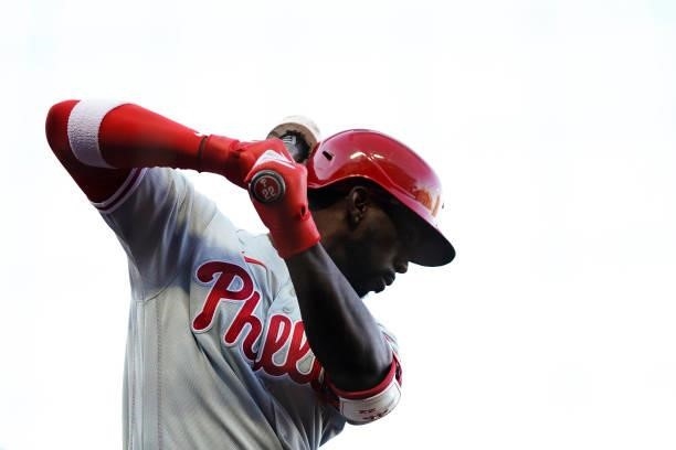 Andrew McCutchen of the Philadelphia Phillies warms up on-deck against the San Francisco Giants at Oracle Park on June 18, 2021 in San Francisco,...