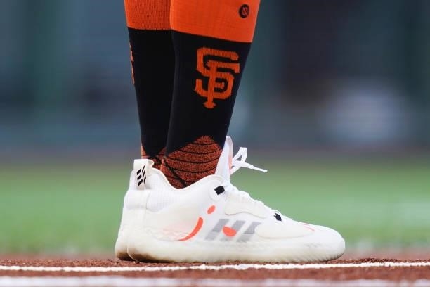 Close up view of the shoes and socks worn by Gabe Kapler of the San Francisco Giants prior to the first inning against the Philadelphia Phillies at...