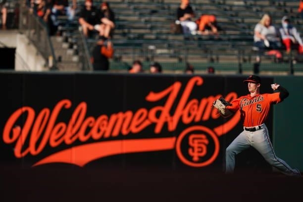 Mike Yastrzemski of the San Francisco Giants warms up prior to the first inning against the Philadelphia Phillies at Oracle Park on June 18, 2021 in...