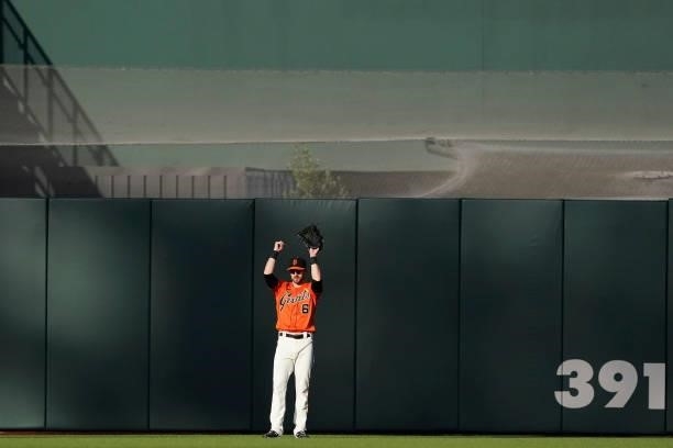 Steven Duggar of the San Francisco Giants stretches before the first inning against the Philadelphia Phillies at Oracle Park on June 18, 2021 in San...