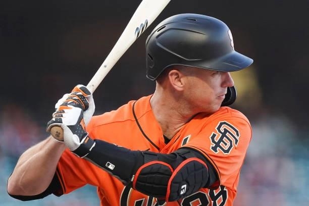 Buster Posey of the San Francisco Giants at bat against the Philadelphia Phillies at Oracle Park on June 18, 2021 in San Francisco, California.