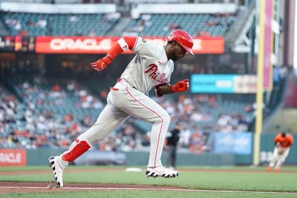 Andrew McCutchen of the Philadelphia Phillies runs toward first after a hit against the San Francisco Giants at Oracle Park on June 18, 2021 in San...