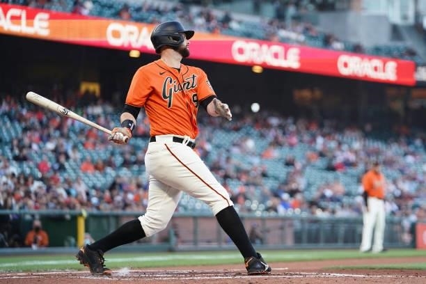 Brandon Belt of the San Francisco Giants at bat against the Philadelphia Phillies at Oracle Park on June 18, 2021 in San Francisco, California.