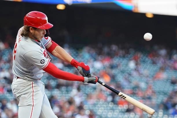 Alec Bohm of the Philadelphia Phillies at bat against the San Francisco Giants at Oracle Park on June 18, 2021 in San Francisco, California.